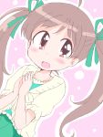  1girl ahoge blush brown_eyes brown_hair dress eyebrows_visible_through_hair geetsu green_dress green_ribbon hair_ribbon hakozaki_serika idolmaster idolmaster_million_live! idolmaster_million_live!_theater_days jacket open_mouth own_hands_together pink_background ribbon short_sleeves twintails 