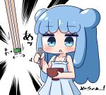  1girl bangs bare_arms bare_shoulders blue_dress blue_eyes blue_hair blush bowl chibi chopsticks commentary_request double_bun dress emphasis_lines eyebrows_visible_through_hair goo_girl half_slime-chan hana_kazari holding holding_bowl holding_chopsticks long_hair monster_girl open_mouth original pleated_dress simple_background sleeveless sleeveless_dress solo translated very_long_hair white_background 