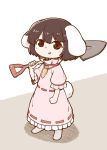  1girl bangs black_hair blush_stickers bunny_tail carrot_necklace commentary_request dress frilled_dress frilled_shirt_collar frilled_sleeves frills holding inaba_tewi looking_at_viewer open_mouth poronegi ribbon-trimmed_dress short_hair short_sleeves shovel simple_background solo tail touhou white_background 