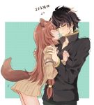  1boy 1girl animal_ear_fluff animal_ears artist_request bangs blush brown_hair brown_sweater closed_eyes closed_mouth eyebrows_visible_through_hair hair_between_eyes hand_on_another&#039;s_shoulder hetero iwatani_naofumi long_hair nose_blush raccoon_ears raccoon_girl raphtalia ribbed_sweater source_request sweater tate_no_yuusha_no_nariagari upper_body very_long_hair 