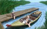  barefoot black_hair blue_eyes blue_hair boat dark_haired_kappa day engine glasses glasses_kappa hater_(hatater) highres kappa_mob kawashiro_nitori nature nude outdoors partially_submerged pier ponytail sitting soaking_feet touhou twintails water watercraft 