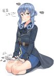  1girl absurdres black_neckwear blue_eyes blue_hair blue_jacket blue_sailor_collar blue_shirt blue_skirt commentary_request gloves gotland_(kantai_collection) hair_between_eyes hair_bun half_gloves highres jacket kantai_collection lap_pillow_invitation long_hair long_sleeves looking_at_viewer military military_uniform mole mole_under_eye patting_lap revision sailor_collar seiza sheep shirt sidelocks simple_background sitting skirt solo soushou_nin translated uniform white_background white_gloves 