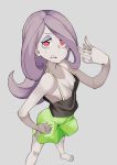  1girl bare_shoulders barefoot breasts commentary_request downblouse eyebrows_visible_through_hair eyeshadow feet foot_out_of_frame from_above full_body green_shorts grey_background hand_on_hip highres little_witch_academia long_hair makeup medium_breasts pale_skin popopo purple_hair red_eyes sharp_teeth shorts simple_background solo standing sucy_manbavaran sweat sweatdrop teeth toenails toes 