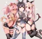  3girls absurdres animal_ears armband ass backless_outfit bangs bare_shoulders bell black_hair black_leotard black_panties black_skirt blush bow breasts brown_eyes cat_ears cat_paws cat_tail chloe_von_einzbern closed_mouth collar dark_skin fate/kaleid_liner_prisma_illya fate_(series) fur_trim garter_straps gloves grey_background grey_legwear hair_between_eyes hair_bow hair_ornament hairclip highres huge_filesize illyasviel_von_einzbern jingle_bell leotard long_hair looking_at_viewer miyu_edelfelt multiple_girls navel orange_eyes panties paw_gloves paw_shoes paws pink_hair ponytail red_bow red_eyes shoes sidelocks simple_background skirt small_breasts smile stomach_tattoo tail tan tattoo thighs tongue tongue_out two_side_up underwear watanai72 white_hair 