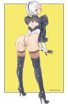 1girl amatiz ass back back_cutout bad_anatomy black_footwear blue_eyes boots brown_legwear feather-trimmed_sleeves from_behind gloves hair_over_one_eye hairband high_heels highres leotard looking_at_viewer nier_(series) nier_automata no_blindfold puffy_sleeves simple_background smile thigh-highs thigh_boots thighhighs_under_boots thighs thong_leotard white_hair yellow_background yorha_no._2_type_b 