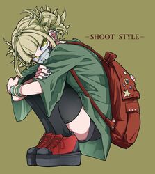  1girl absurdres backpack bag black_legwear black_nails black_shorts boku_no_hero_academia crossed_arms ear_piercing earrings full_body green_eyes green_hair highres jewelry jipponwazaari leg_hug long_sleeves looking_at_viewer mask nail_polish piercing red_ribbon ribbon shirt short_hair short_shorts shorts sidelocks simple_background solo squatting thigh-highs tied_hair toga_himiko 