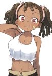  1girl arm_at_side ayukawa_miyuki bandaid bandaid_on_face basquash! brown_eyes brown_hair crop_top crop_top_overhang dark_skin gazacy_(dai) hairlocs hand_up highres looking_at_viewer midriff navel simple_background smile solo standing twintails white_background 