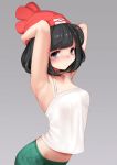  1girl armpits arms_up beanie black_hair blush camisole eyebrows_visible_through_hair gradient gradient_background grey_background gumakara hat looking_at_viewer mizuki_(pokemon) pokemon pokemon_(game) pokemon_sm red_headwear short_hair simple_background solo tearing_up upper_body 