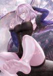  absurdres ahoge arm_behind_head armpits bangs bare_shoulders barefoot black_dress blue_jacket commentary_request dress fate/grand_order fate_(series) feet fur_trim hair_between_eyes highres holding_lollipop jacket jeanne_d&#039;arc_(alter)_(fate) jeanne_d&#039;arc_(fate)_(all) looking_at_viewer off_shoulder pale_skin penguintake rock short_hair silver_hair sitting soles thighs toes tongue tongue_out yellow_eyes 