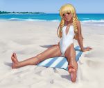  1girl arm_support ass_visible_through_thighs bangs barefoot beach beach_towel blonde_hair blue_sky blunt_bangs blush braid breasts casual_one-piece_swimsuit center_opening cleavage_cutout closed_mouth collarbone covered_navel dark_skin day feet frown full_body green_eyes head_tilt highleg highleg_swimsuit horizon kairuhentai leaning_back legs lillie_(pokemon) long_hair looking_at_viewer ocean one-piece_swimsuit pokemon pokemon_(game) pokemon_sm sand shadow side_braid sitting sky small_breasts soles source_request spread_legs straight_hair striped striped_towel swimsuit tan toes towel twin_braids water waves white_swimsuit 