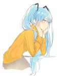  1girl arm_support bangs blue_eyes blue_hair blue_nails brown_skirt eyebrows_visible_through_hair fingernails hair_between_eyes hair_ornament hatsune_miku long_hair looking_away lpip nail_polish orange_sweater ribbed_sweater skirt solo sweater twintails very_long_hair vocaloid white_background 