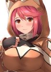  1girl :3 alternate_costume animal_ears animal_hood bangs blush breasts cloak closed_mouth commentary_request eyebrows_visible_through_hair fingerless_gloves gloves hand_on_own_chest highres pyra_(xenoblade) hood hood_up hoodie kanzaki_kureha large_breasts lips looking_at_viewer redhead short_hair simple_background smile solo swept_bangs white_background xenoblade_(series) xenoblade_2 