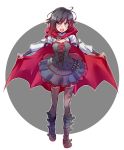  1girl batwoman belt_boots black_footwear black_hair black_legwear boots cape cloak commentary_request cross-laced_footwear dc_comics dress frilled_dress frills gradient_hair grey_eyes highres hood hooded_cloak iesupa knee_boots long_sleeves multicolored_hair red_cape redhead ruby_rose rwby short_hair solo two-tone_hair 