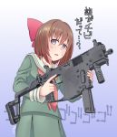  1girl anger_vein bob_cut bow brown_hair commentary_request gradient gradient_background gun hair_bow highres kriss_vector original school_uniform seiryouinryousui serafuku short_hair solo submachine_gun sweatdrop translated trigger_discipline v-shaped_eyebrows violet_eyes weapon 