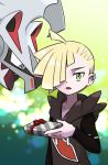  1boy blonde_hair box commentary_request gen_7_pokemon gift gift_box gladio_(pokemon) green_eyes hair_over_one_eye long_sleeves parted_lips pokemon pokemon_(creature) pokemon_(game) pokemon_sm short_hair silvally torn_clothes ukata upper_body 
