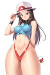  1girl adapted_costume ball blue_(pokemon) breasts brown_hair hat holding holding_ball holding_poke_ball long_hair looking_at_viewer nagase_haruhito navel poke_ball poke_ball_(generic) pokemon pokemon_(game) pokemon_frlg porkpie_hat simple_background smile underwear white_background wide_hips 