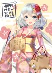  1girl 2019 :d absurdres animal_bag bag bangs blue_eyes blush chinese_zodiac commentary_request ema eyebrows_visible_through_hair floral_print flower hair_between_eyes hair_flower hair_ornament happy_new_year highres holding holding_bag holding_ema holmemee japanese_clothes kimono konno_junko long_hair looking_at_viewer low_twintails nengajou new_year obi open_mouth pink_flower pink_kimono print_kimono purple_flower red_flower revision sash silver_hair smile solo thick_eyebrows translated twintails very_long_hair year_of_the_pig zombie_land_saga 