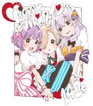  3girls :q absurdres ahoge apron asymmetrical_hair bangs black_eyes blonde_hair blush border bow bowtie braid chocolate chocolate_heart commentary dot_nose double_w dress earrings fang frilled_apron frills fumita_(humita322) girl_sandwich grey_hair group_name hair_between_eyes hair_bow hair_over_one_eye happy_valentine headdress heart heart_earrings highres holding_chocolate hoshi_shouko idolmaster idolmaster_cinderella_girls jewelry kawaii_boku_to_142&#039;s koshimizu_sachiko long_hair looking_at_viewer multiple_girls nail_polish open_mouth outstretched_arm pink_dress pink_nails puffy_sleeves purple_hair red_dress sandwiched sash shirasaka_koume short_eyebrows short_hair single_braid sweatdrop thick_eyebrows tongue tongue_out translated upper_body w wavy_mouth white_background wing_collar wrist_cuffs yellow_dress yellow_nails 
