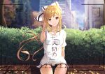  1girl blonde_hair blurry blurry_background bow commentary eyebrows_visible_through_hair hair_bow hand_in_hair kazu9029-paint long_hair looking_at_viewer original scenery shirt short_shorts shorts sitting solo t-shirt translated viewfinder yellow_eyes 