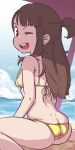  1girl :d ;) ass back bangs beach beach_umbrella bikini blue_sky blunt_bangs breasts brown_hair butt_crack clouds commentary dimples_of_venus highres kagari_atsuko little_witch_academia long_hair looking_at_viewer looking_back ocean one_eye_closed open_mouth orange_peel_(artist) ponytail red_eyes sideboob sitting skindentation sky smile solo strap_gap swimsuit thighs umbrella wariza yellow_bikini 