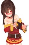  1girl @_@ belt black_panties blush brown_hair collar dress embarrassed eyebrows_visible_through_hair highres holding holding_panties kono_subarashii_sekai_ni_shukufuku_wo! megumin off_shoulder panties panties_removed red_dress red_eyes shirousa short_hair_with_long_locks solo tears trembling underwear wavy_mouth wet wet_clothes wet_panties white_background 