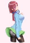  1girl absurdres arm_at_side ass bbdaoa_(1446759744) black_legwear blue_cardigan blush breasts closed_mouth commentary cropped_legs from_behind go-toubun_no_hanayome green_skirt hair_between_eyes hand_on_own_chest headphones headphones_around_neck highres large_breasts long_hair long_sleeves looking_at_viewer looking_back miniskirt nakano_miku panties panties_under_pantyhose pantyhose pantyshot pantyshot_(standing) pink_background pleated_skirt redhead school_uniform shiny shiny_hair simple_background skirt smile solo standing thighband_pantyhose underwear upskirt violet_eyes white_panties 