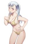  1girl bangs bikini black_clover blush breasts closed_mouth hand_on_hip large_breasts leaning_forward long_hair looking_at_viewer mame_(34203651) navel noelle_silva silver_hair solo swimsuit twintails violet_eyes white_background yellow_bikini 