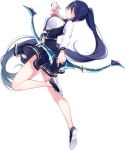  asymmetrical_bangs bangs bare_legs blue_eyes blue_hair bow bow_(weapon) bowtie breasts eyebrows_visible_through_hair eyes_visible_through_hair holding holding_bow_(weapon) holding_weapon large_breasts leg_up long_hair looking_at_viewer maeda_rena official_art omega_labyrinth omega_labyrinth_life school_uniform serious shoelaces shoes skirt skirt_lift very_long_hair weapon 
