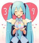  1girl 39 aqua_hair bangs bare_shoulders blush closed_eyes commentary detached_sleeves hair_between_eyes hair_ornament hatsune_miku headset heart heart_background holding long_hair necktie nokuhashi smile solo standing translated upper_body vocaloid wings 