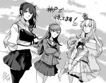  3girls bangs bare_shoulders blush breasts closed_mouth clouds collarbone commentary_request corset cowboy_shot crossed_arms crown dated dress flower hair_ornament hairband hakama_skirt hands_together japanese_clothes jewelry kaga_(kantai_collection) kantai_collection kimono long_hair long_sleeves looking_at_viewer medium_hair mini_crown monochrome multiple_girls muneate neckerchief necklace off-shoulder_dress off_shoulder ooi_(kantai_collection) outdoors parted_lips pleated_skirt ribbon rose sailor_collar school_uniform serafuku side_ponytail signature skirt sky smile swept_bangs thigh-highs translated warspite_(kantai_collection) yamada_rei_(rou) 
