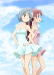  2girls :d bangs bare_arms bare_legs bare_shoulders blue_dress blue_eyes blue_hair blush breasts clouds cloudy_sky collarbone commentary_request covered_navel day dress eyebrows_visible_through_hair feet_out_of_frame food grin hand_on_hip highres jewelry kinfuji legs locked_arms long_hair looking_away looking_to_the_side mahou_shoujo_madoka_magica miki_sayaka multiple_girls open_mouth outdoors pink_dress pocky ponytail purple_hair ring sakura_kyouko short_hair sideways_mouth sky sleeveless sleeveless_dress small_breasts smile spaghetti_strap standing sundress teeth thighs violet_eyes 