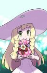  1girl blonde_hair braid closed_mouth commentary_request dress gift_bag green_eyes hat lillie_(pokemon) long_hair pokemon pokemon_(game) pokemon_sm sleeveless sleeveless_dress smile solo sun_hat twin_braids ukata upper_body white_dress white_headwear 