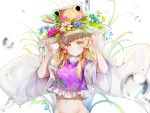  1girl absurdres bangs blonde_hair blue_flower blush bottomless breasts brown_headwear commentary eyebrows_visible_through_hair flower frills frog groin hand_on_headwear hands_up hat hat_flower highres hon_(neo2462) leaf lily_pad long_hair long_sleeves looking_at_viewer medium_breasts moriya_suwako navel out-of-frame_censoring pink_flower purple_flower purple_vest shirt sidelocks simple_background smile solo stomach touhou vest water water_drop white_background white_shirt wide_sleeves yellow_eyes 