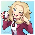  1girl ;) ahoge artsheops blonde_hair blue_eyes blush eyebrows heart heart-shaped_pupils holding holding_poke_ball jacket long_hair long_sleeves looking_at_viewer necktie one_eye_closed open_mouth peace_symbol poke_ball poke_ball_(generic) pokemon pokemon_(game) pokemon_swsh shiny shiny_hair shiny_skin shirt smile symbol-shaped_pupils unnamed_girl_(pokemon_swsh) upper_teeth v white_shirt 