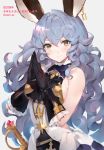  1girl 2019 animal_ears backless_outfit bangs bare_arms bare_shoulders black_dress black_gloves blue_hair blush breasts closed_mouth commentary_request dress earrings erune eyebrows eyebrows_visible_through_hair ferry_(granblue_fantasy) frilled_gloves frilled_shirt_collar frills gloves granblue_fantasy grey_background hands_together hands_up highres hoop_earrings jewelry kotoyoro light long_hair looking_at_viewer medium_breasts new_year oyu_(sijimisizimi) rabbit_ears shiny shiny_hair sideboob simple_background single_earring sleeveless sleeveless_dress smile solo sword translated twitter_username upper_body wavy_hair weapon white_dress yellow_eyes 