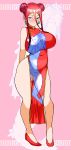  1girl absurdres bare_shoulders blue_eyes blush breasts china_dress chinese_clothes double_bun dress earrings esouko gyarados highres jewelry large_breasts long_hair musashi_(pokemon) pokemon pokemon_(anime) redhead see-through sidelocks sleeveless sleeveless_dress solo sweat 