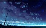  clouds cloudy_sky commentary grass horizon kaminami_yoshitaka lamppost letterboxed light_particles night night_sky no_humans original outdoors power_lines scenery sky star_(sky) starry_sky 