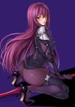  1girl absurdres ass blush butt_crack covered_nipples fate/grand_order fate_(series) finger_to_mouth high_heels highres kneeling long_hair no_panties polearm purple_hair red_eyes scathach_(fate)_(all) scathach_(fate/grand_order) see-through solo spear weapon xiao_gen 