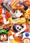  2girls 4boys animal baseball_cap blonde_hair blue_eyes bomber_(kirby) bowser breast_rest breasts brown_hair closed_eyes club commentary_request crown dragon dress earrings explosion facial_hair fire flipped_hair flower_earrings glint gloves grin hands_on_own_cheeks hands_on_own_face hat highres holding holding_weapon hoshi_no_kirby human jewelry kirby_(series) long_hair luigi luigi&#039;s_mansion mario super_mario_bros. mario_kart mario_party mario_tennis medium_breasts monster multiple_boys multiple_girls mustache nintendo nintendo_ead o_o open_mouth overalls pink_dress plumber princess princess_daisy princess_peach puffy_short_sleeves puffy_sleeves rocket_launcher scared short_sleeves skull_print smile sparkle super_mario_bros. super_mario_bros._(anime) super_mario_land super_smash_bros. super_smash_bros._ultimate super_smash_bros_64 super_smash_bros_brawl super_smash_bros_melee sweat takahashi_umori toad turtle weapon white_gloves yellow_dress 