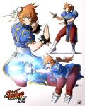  1girl blue_dress boku_no_hero_academia bracelet china_dress chinese_clothes chun-li chun-li_(cosplay) cosplay dress highres jewelry kellzallday30 kendou_itsuka multiple_views open_mouth orange_hair pantyhose sash signature simple_background spiked_bracelet spikes street_fighter white_background 