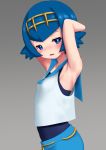  1girl arms_up blue_eyes blue_hair blush from_side grey_background gumakara hairband looking_to_the_side parted_lips pokemon pokemon_(game) pokemon_sm shirt short_hair simple_background sleeveless sleeveless_shirt solo suiren_(pokemon) swimsuit swimsuit_under_clothes trial_captain white_shirt 