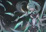  1girl armor bangs black_background breasts character_name gloves greek_text green_eyes green_hair headpiece highres kiiro_kimi large_breasts long_hair looking_at_viewer neon_trim pneuma_(xenoblade) ponytail science_fiction simple_background solo spoilers standing swept_bangs tiara very_long_hair xenoblade_(series) xenoblade_2 