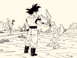  1boy boots cactus commentary crossover dougi dragon_ball dragon_ball_z lee_(dragon_garou) looney_tunes monochrome mountain muscle nib_pen_(medium) open_mouth pointing pointing_at_self road_runner_(looney_toons) son_gokuu tongue tongue_out traditional_media wile_e_coyote wristband 