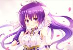  1girl arm_up armor armored_dress blurry blurry_background bow breasts commentary detached_sleeves gloves gochuumon_wa_usagi_desu_ka? hair_bow hair_ornament kirara_fantasia long_hair looking_at_viewer petals ponytail purple_hair sakuraume simple_background sleeveless smile solo tedeza_rize tiara upper_body violet_eyes white_background 