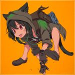  1girl akagi_(fmttps) all_fours animal_ears anosillus_ii artist_name backpack bag bangs black_footwear black_gloves black_hair braid cat_ears cat_tail commentary_request crocs dark_skin earphones ears_through_headwear eyebrows_visible_through_hair fangs fingerless_gloves gloves hood hood_up hooded_jacket jacket long_hair long_sleeves open_clothes open_mouth orange_background partial_commentary print_shirt randoseru red_eyes running sandals shirt sleeves_rolled_up smile ssss.gridman tail treble_clef twin_braids twitter_username white_shirt 