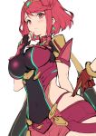  1boy 1girl bangs blush breasts commentary_request covered_navel earrings eyebrows_visible_through_hair fingerless_gloves gloves haoni hip_focus pyra_(xenoblade) jewelry large_breasts looking_at_viewer parted_lips poking red_eyes redhead rex_(xenoblade_2) short_hair short_shorts shorts simple_background skindentation sweatdrop swept_bangs tiara vambraces white_background xenoblade_(series) xenoblade_2 