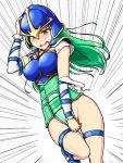  1girl blush bottomless breastplate commentary_request covering covering_crotch fire_emblem fire_emblem:_souen_no_kiseki fire_emblem_heroes green_eyes green_hair hand_on_headwear helmet highres leg_up long_hair memetsu_(umvn4442) nephenee open_mouth solo tearing_up thigh_strap 