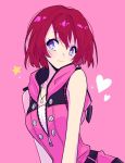  1girl bare_shoulders blue_eyes heart heat highres hood hood_down jewelry kairi_(kingdom_hearts) kingdom_hearts looking_at_viewer mao_(expuella) necklace pink_background redhead shiny shiny_hair short_hair simple_background sleeveless smile solo upper_body 