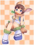  1girl animal_ears bangs bare_shoulders blue_eyes blush breasts breasts_apart bunny_tail carrot checkered checkered_background chrono_cross cleavage_cutout closed_mouth fur janice light_blush looking_at_viewer medium_breasts monster_girl nose_blush oosuzu_aoi paws rabbit_ears short_hair sleeveless smile solo tail tile_background 