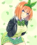  1girl absurdres arms_behind_back black_jacket blazer blue_eyes bow bowtie breasts closed_mouth collared_shirt commentary_request cowboy_shot go-toubun_no_hanayome green_neckwear green_ribbon green_skirt green_sweater hair_ribbon heart highres jacket large_breasts leaning_forward long_sleeves looking_at_viewer matsukawa_(pale_scarlet) miniskirt nakano_yotsuba open_clothes open_jacket orange_hair pleated_skirt ribbon school_uniform shirt short_hair skirt smile solo standing sweater untucked_shirt white_shirt wing_collar 